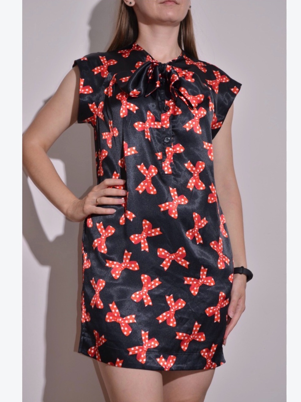 Moschino Black Satin Bow-Print Tie Neck Dress with Red Polka-Dot Bows
